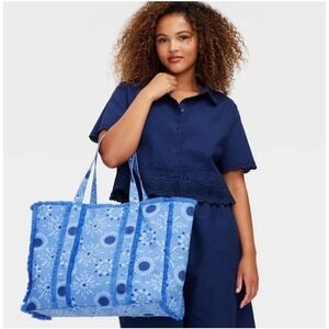 Roller Rabbit Star Medallion Fringe Canvas Tote Bag Blue Large Travel Beach Tote